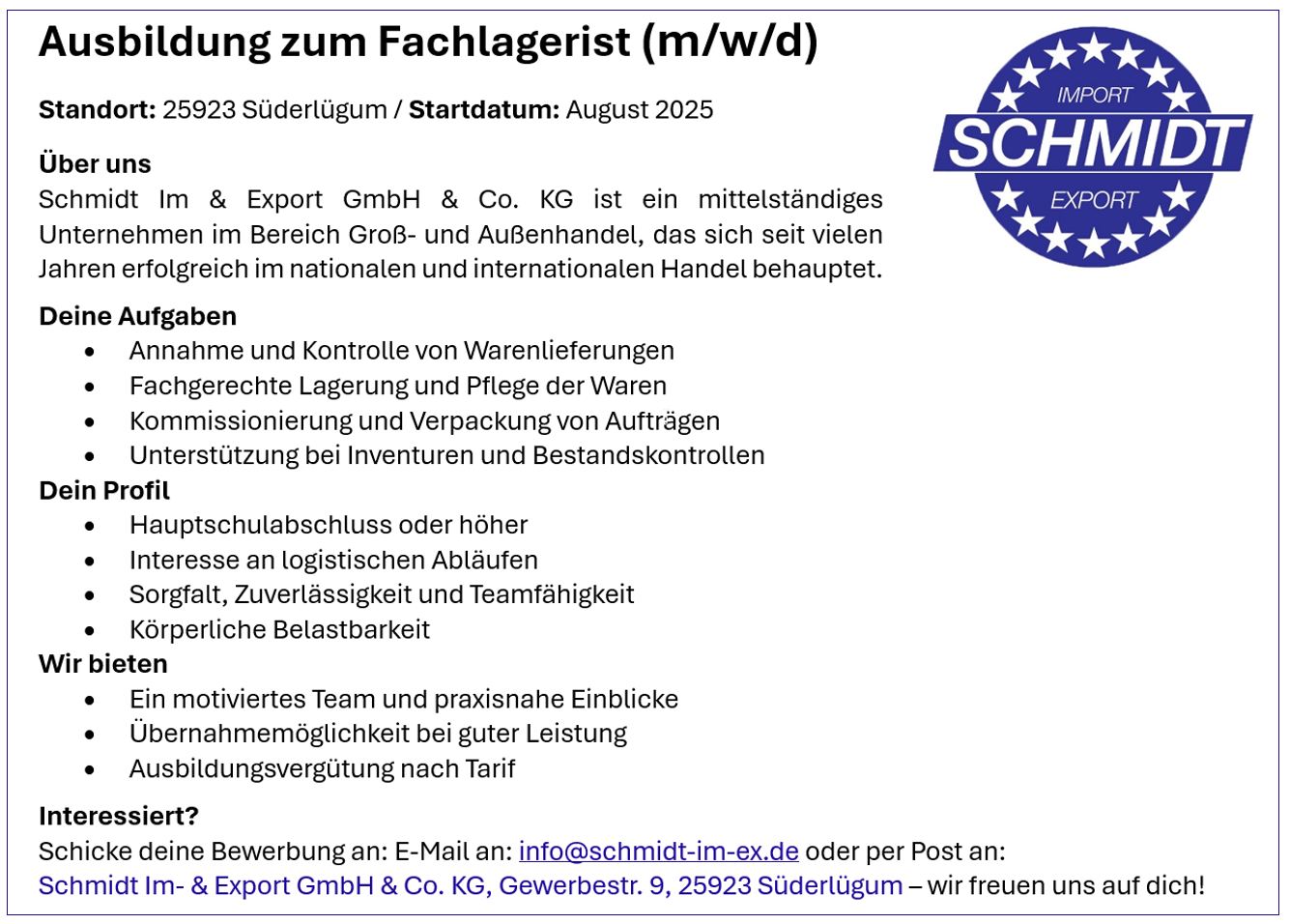 Stellenanzeige Fachlagerist Ausbildung