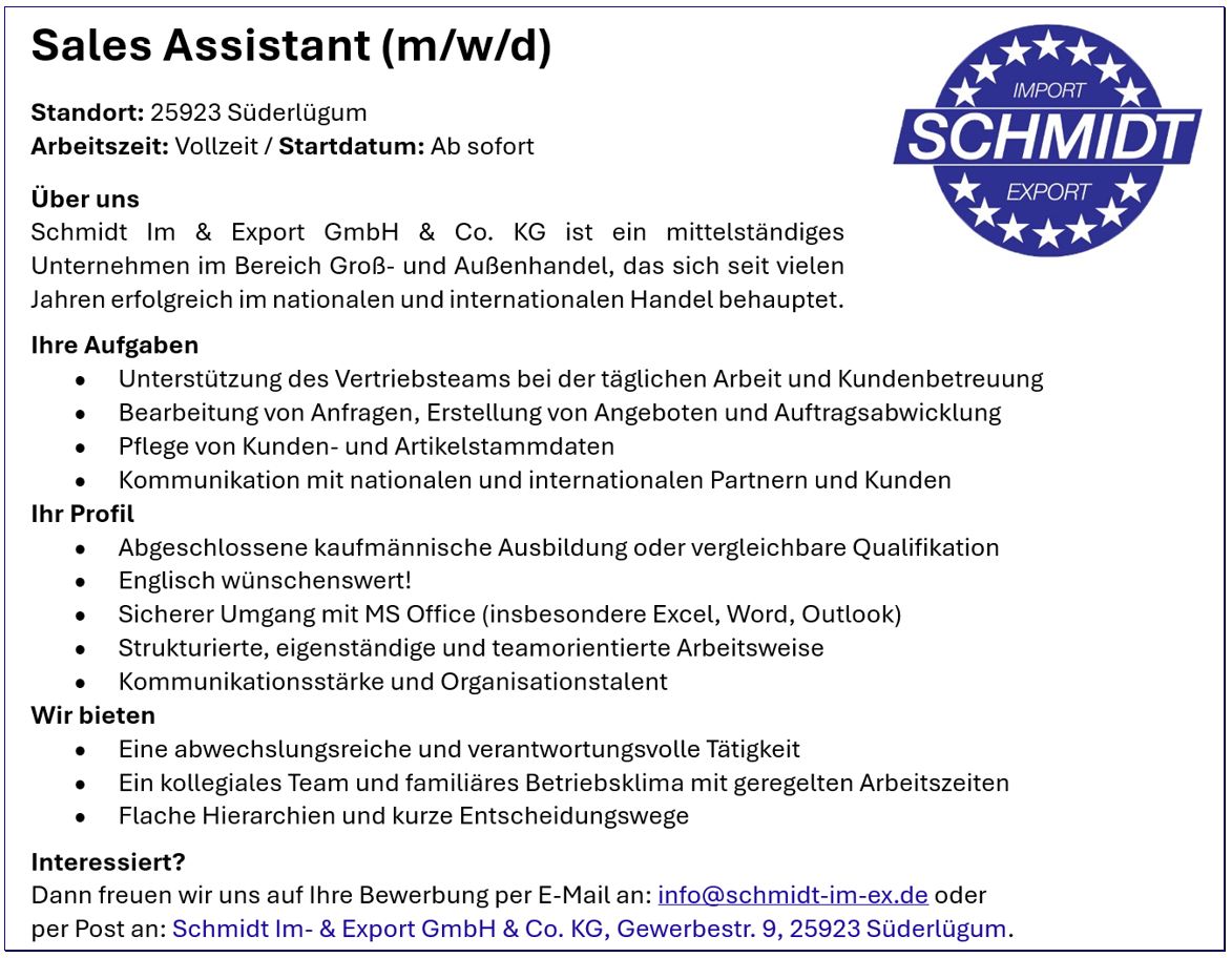 Stellenanzeige Sales Assistant